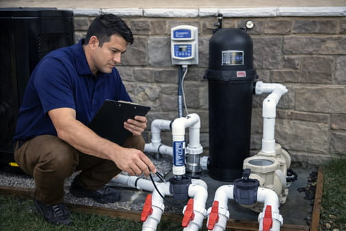 Professional pool inspector examining pump and filter equipment during pool inspection