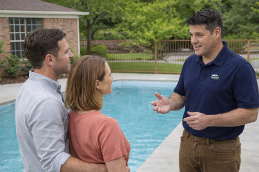 Pool inspector consulting with homebuyers about pool condition before home purchase in Contra Costa County