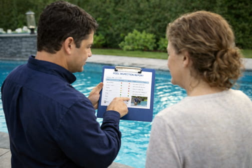 Pool inspector reviewing inspection report and discussing findings with homeowner