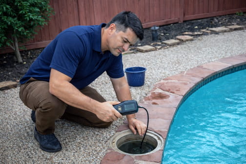 Pool inspector checking plumbing connections and testing for leaks around pool skimmer