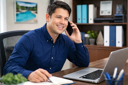 Homeowner scheduling pool inspection appointment by phone with Concord Pool Service