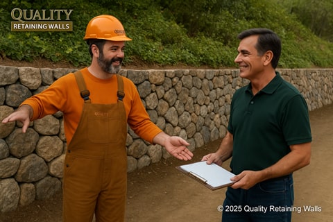 Retaining wall contractor inspecting a newly constructed stone retaining wall in Walnut Creek, CA.