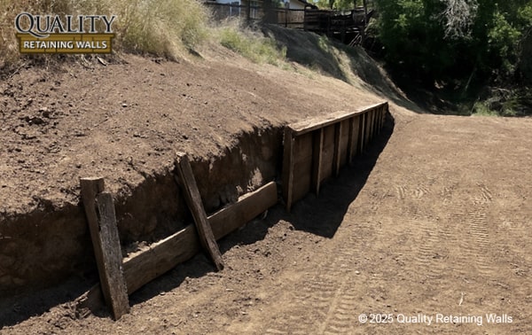 Eroding slope and unstable ground before wood retaining wall installation in Rancho San Miguel/Brooktree North area, Walnut Creek, CA