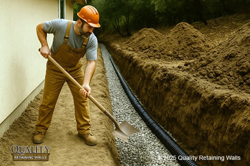 Worker installing a French drain beside a retaining wall trench in Danville, CA