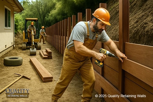Retaining wall construction in Walnut Creek, CA with steel posts and wood lagging panels