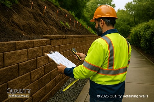 Engineer inspecting retaining wall plans and measurements at a Lafayette, CA job site