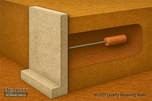 Anchored retaining wall with tieback rod and buried anchor block in soil cutaway