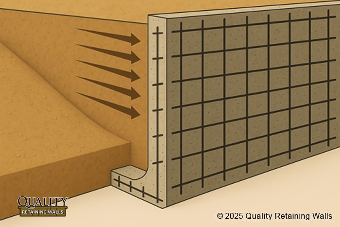 Reinforced cantilevered retaining wall with concrete base, footing, and soil support