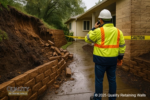Collapsed block retaining wall in San Ramon with soil spill and inspector inspecting the damage