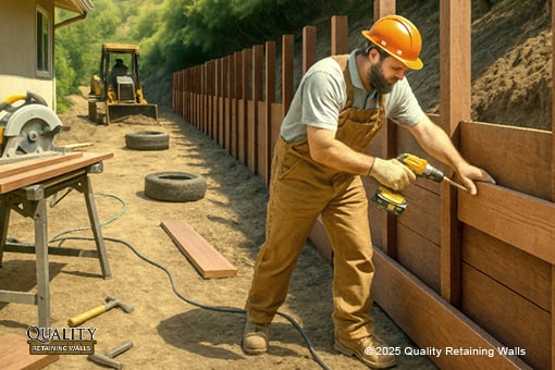 Contractor in Concord installing wood panels between steel posts for new retaining wall