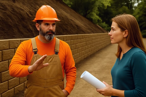 Owner of Quality Retaining Walls on a Concord job site, showcasing professional retaining wall construction.