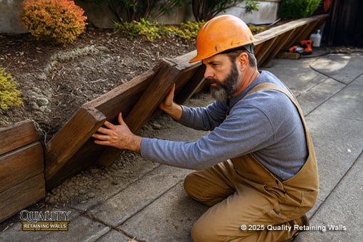Contractor in Walnut Creek adjusting leaning wooden retaining wall during repair