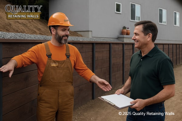 Retaining wall contractor showing homeowner a newly constructed wood retaining wall in San Ramon, CA.