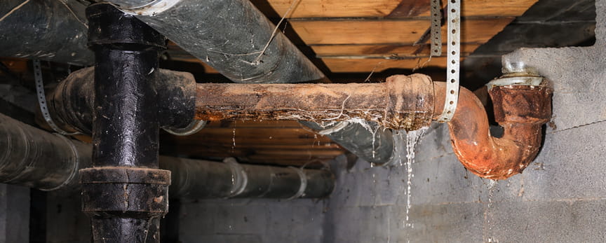 Corroded leaking pipe in crawl space under Brentwood home